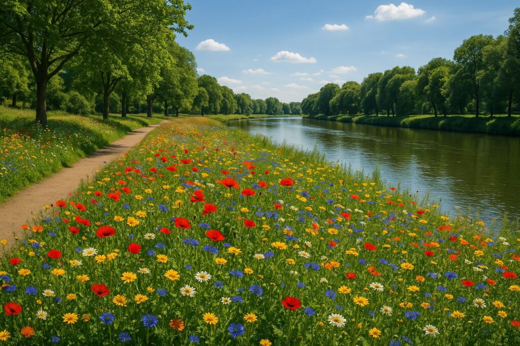 colorful flowers along riverbank Abbotsford BC sunny day