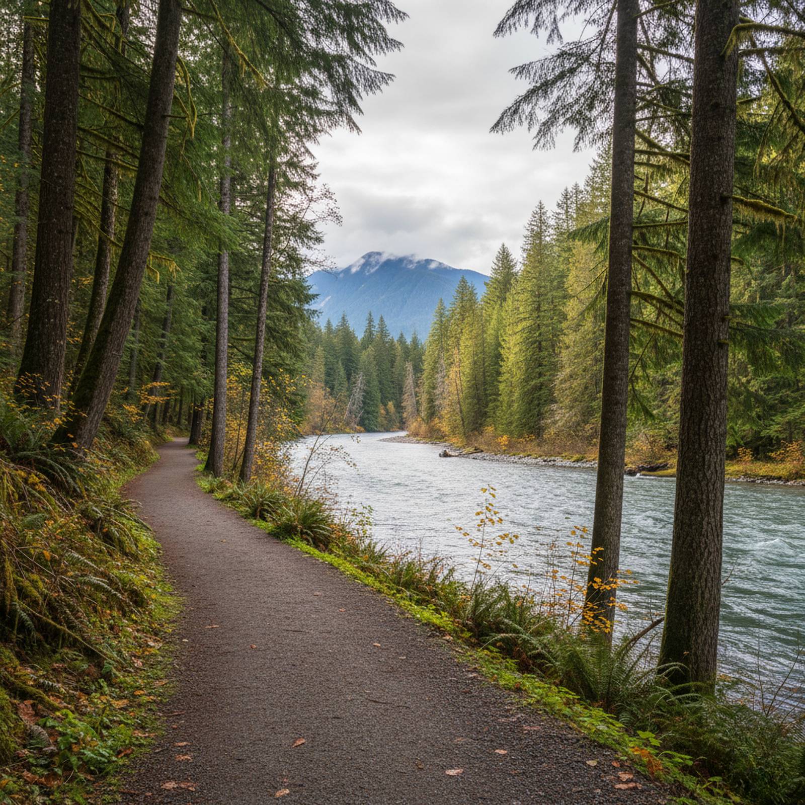 A walking trail beside a flowing river surrounded by tall trees near Abbotsford, BC, with a distant mountain visible.
