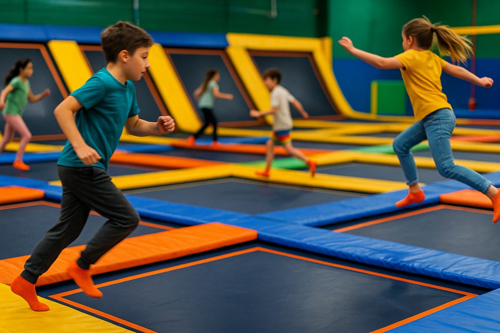 Kids in orange socks are running and jumping on colorful trampolines at an indoor park, possibly in Abbotsford BC.