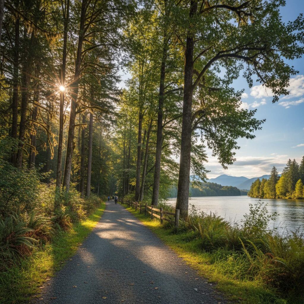 peaceful local river path through tall trees and sunlight Your Guide to Free Outdoor Fitness Trails in Abbotsford BC peaceful local river path through tall trees and sunlight | GPS: 49.192142, -122.453024