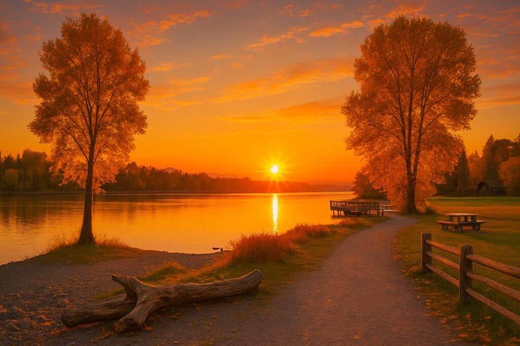 sunrise over river with trees directory.jpg | GPS: 49.099322, -122.594768