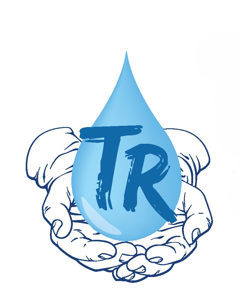 Taylor Restoration logo featuring a blue water droplet with 'TR' text held in cupped hands