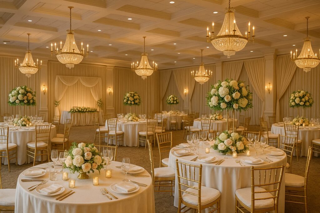 elegant event space local decorated with roses and chandeliers 