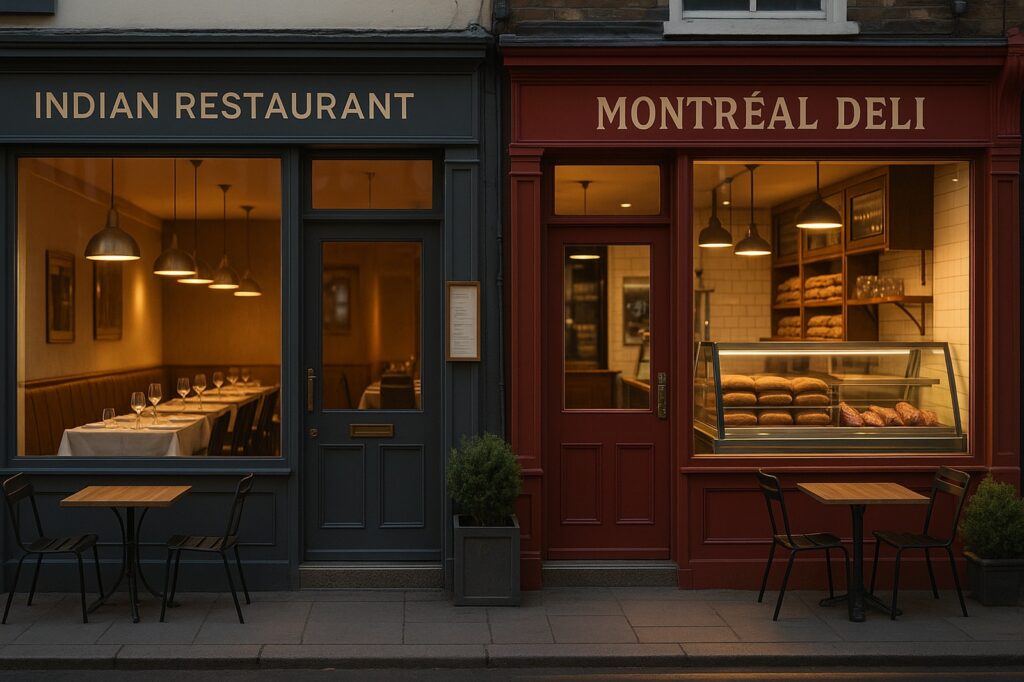 indian restaurant and local montreal deli fronts | GPS: 49.202875, -122.436634