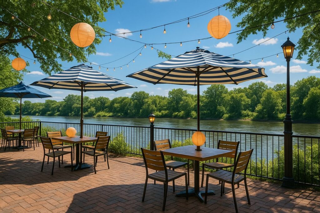 outdoor dining area local with river view and lanterns Top Abbotsford BC Patios for Sunny Days outdoor dining area local with river view and lanterns | GPS: 49.142286, -122.531803