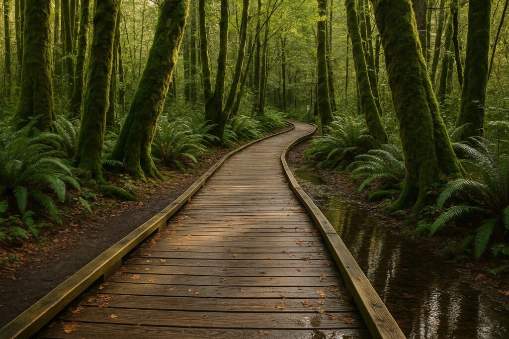 wooden boardwalk in lush green forest langley Abbotsford BC Day Trip Ideas: Explore the Fraser Valley wooden boardwalk in lush green forest langley | GPS: 49.149555, -122.518058