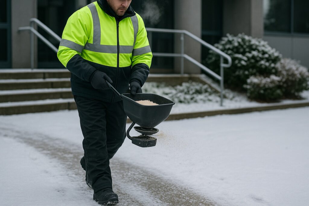 worker spreading salt in snow langleys premises Top Abbotsford BC Home Service Landscapers worker spreading salt in snow langleys premises | GPS: 49.178980, -122.473123