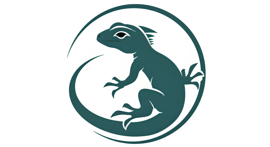 Teal silhouette of a lizard or dinosaur in a circular frame