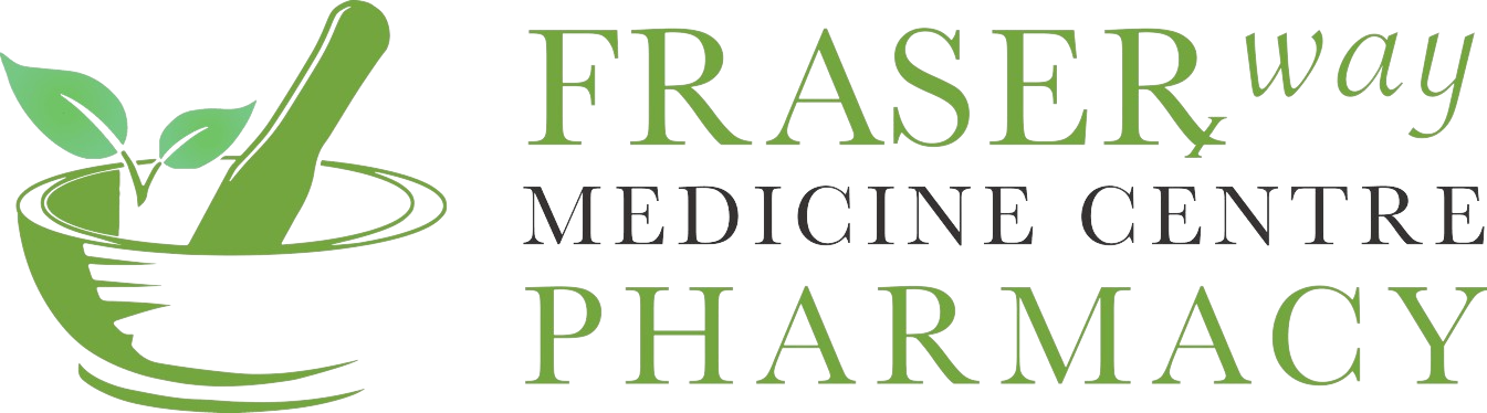 Fraser Way Medicine Centre Pharmacy logo featuring a mortar and pestle with green leaves, representing herbal medicine and pharmaceutical services in Abbotsford