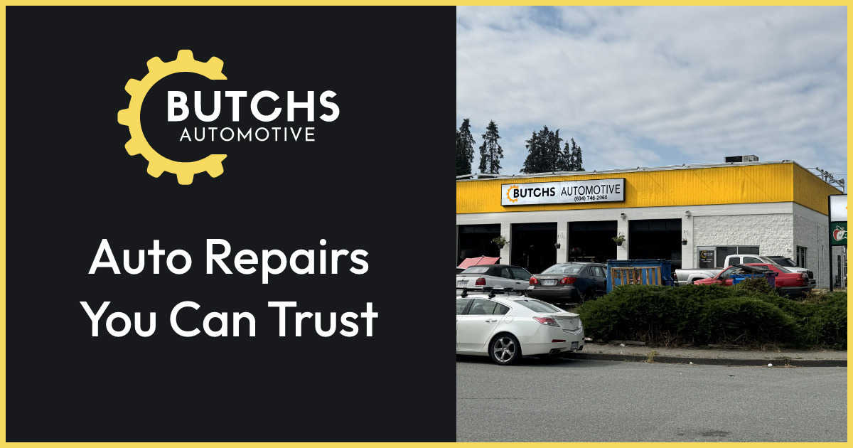 Butchs Automotive Abbotsford auto repair shop storefront with yellow and white building and parked vehicles
