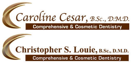 Logos of dentists Caroline Cesar and Christopher S. Louie from Bourquin Dental Centre in Abbotsford, both offering comprehensive and cosmetic dentistry services