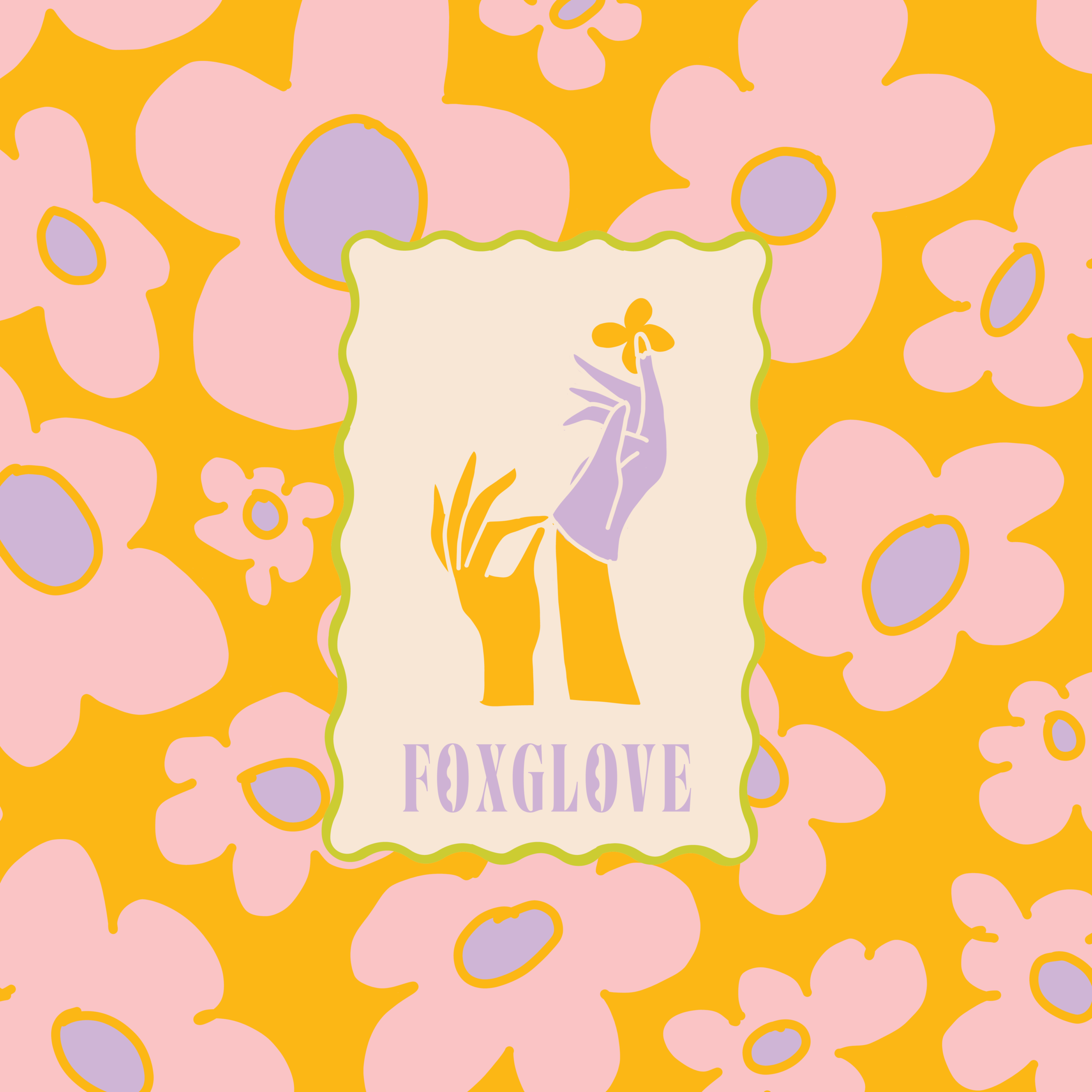 Foxglove Floral Cafe logo featuring a purple hand holding a yellow flower against a cream background with wavy green border, surrounded by pink and yellow floral pattern