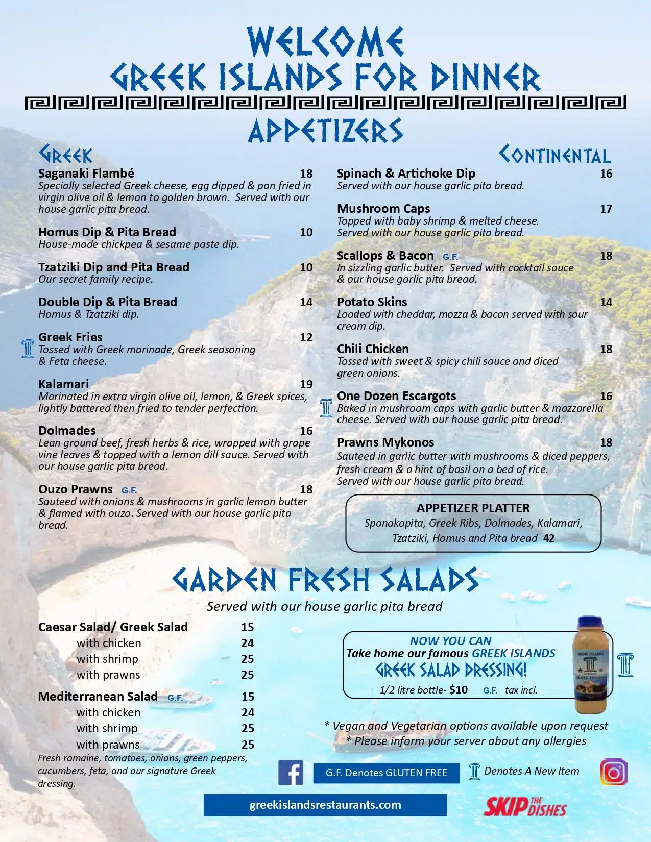 Menu for Greek Islands Restaurant in Abbotsford featuring appetizers, salads, and Greek dishes with prices and descriptions
