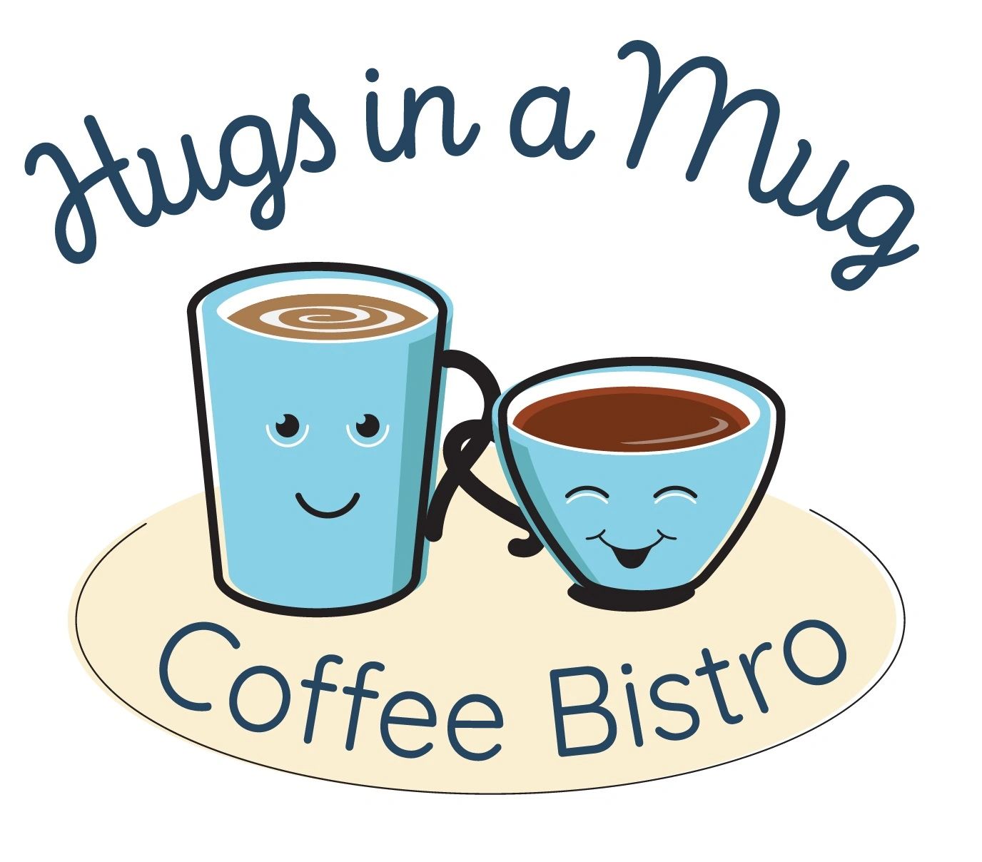 Hugs in a Mug Coffee Bistro logo featuring two smiling coffee cups embracing, located in Abbotsford