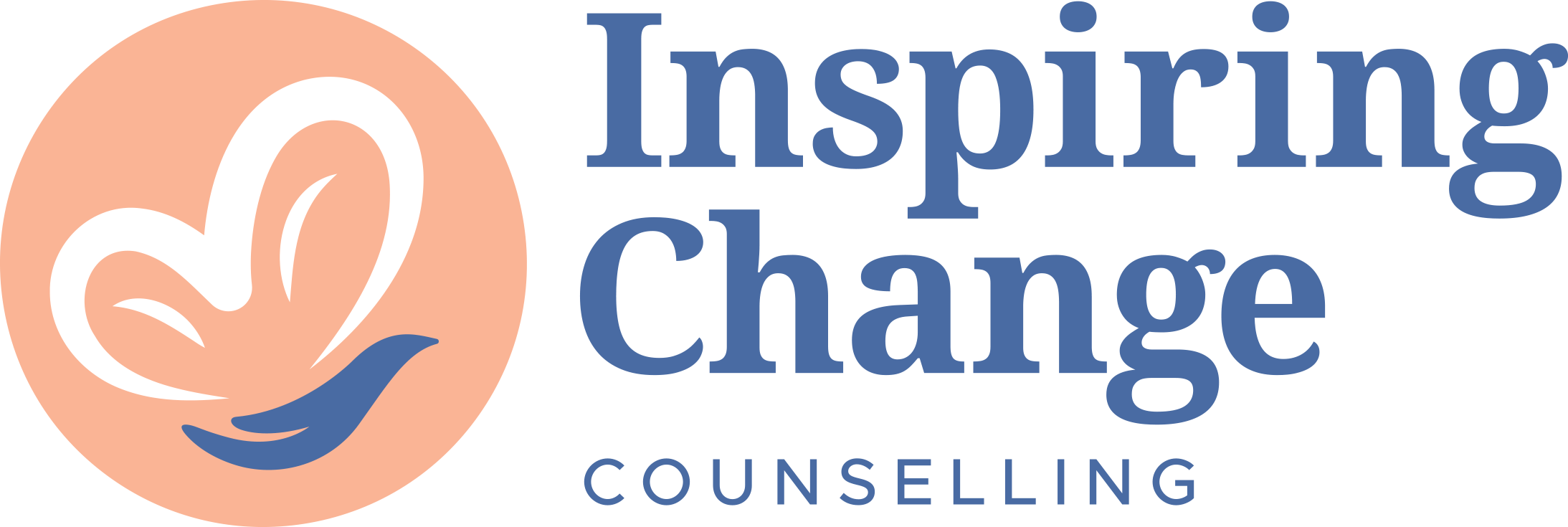 Inspiring Change Counselling logo featuring a peach circle with white hand and blue hand design, located in Abbotsford