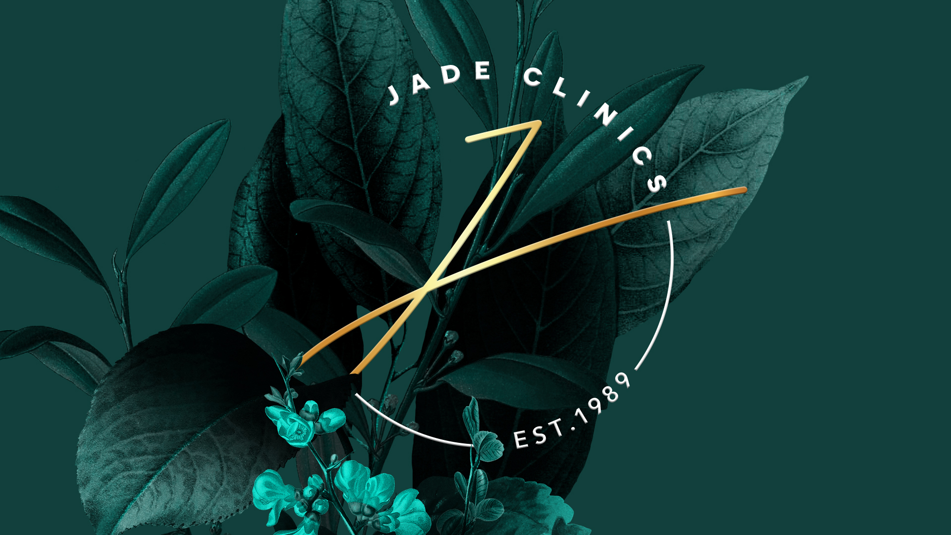 Jade Clinics Abbotsford logo featuring jade-colored botanical leaves and flowers with gold and white text on a dark teal background, established 1989