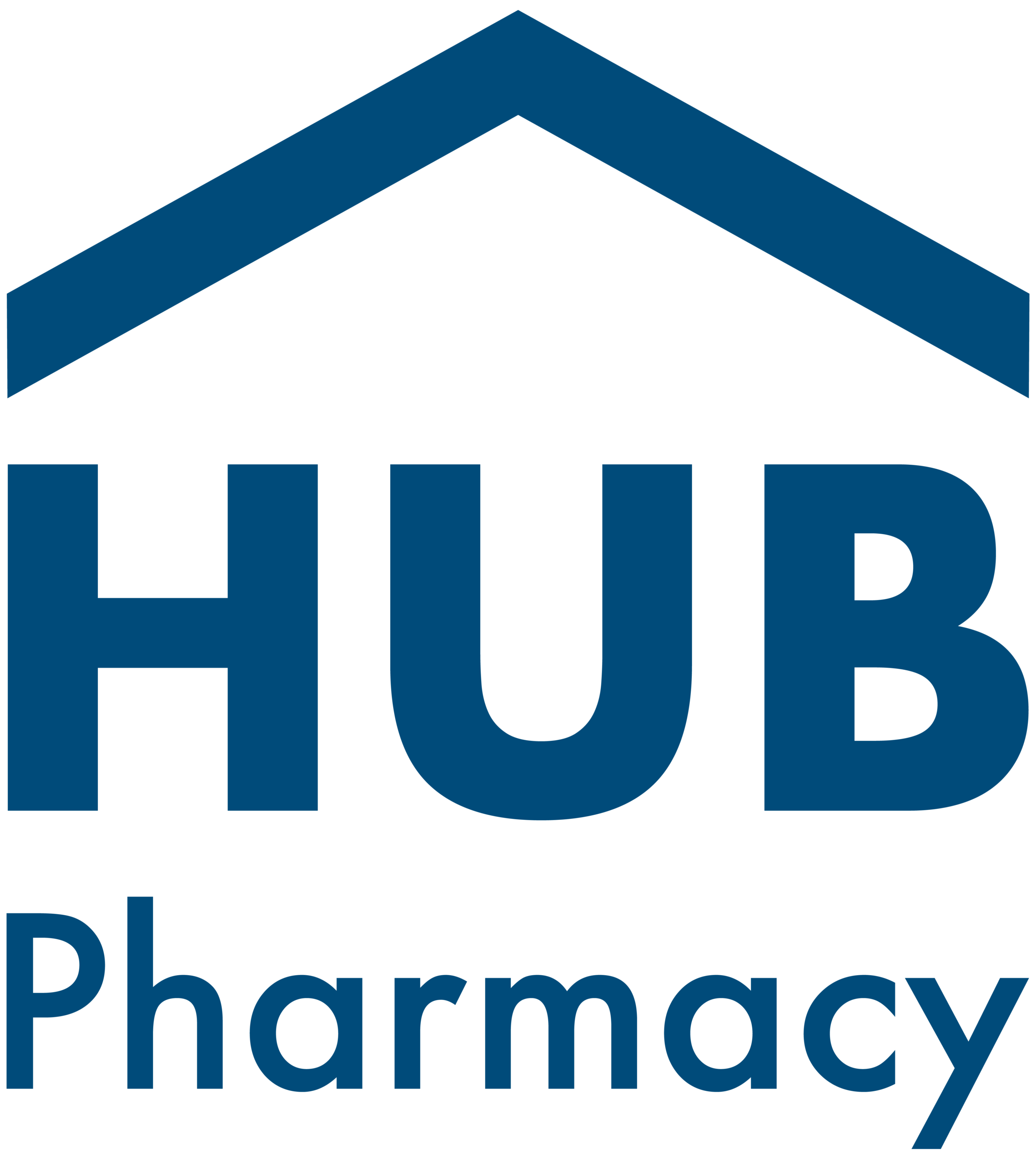 HUB Pharmacy logo featuring a dark blue house roof icon above large HUB text and Pharmacy subtitle