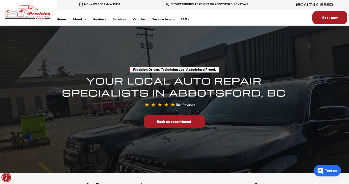Precision Axle Repair auto repair shop exterior in Abbotsford BC with vehicles parked outside and tagline 'Precision Driven. Technician Led. Abbotsford Proud.'