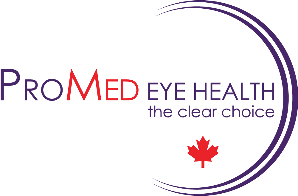 ProMed Eye Health logo featuring purple text with red 'M' and Canadian maple leaf, tagline 'the clear choice'