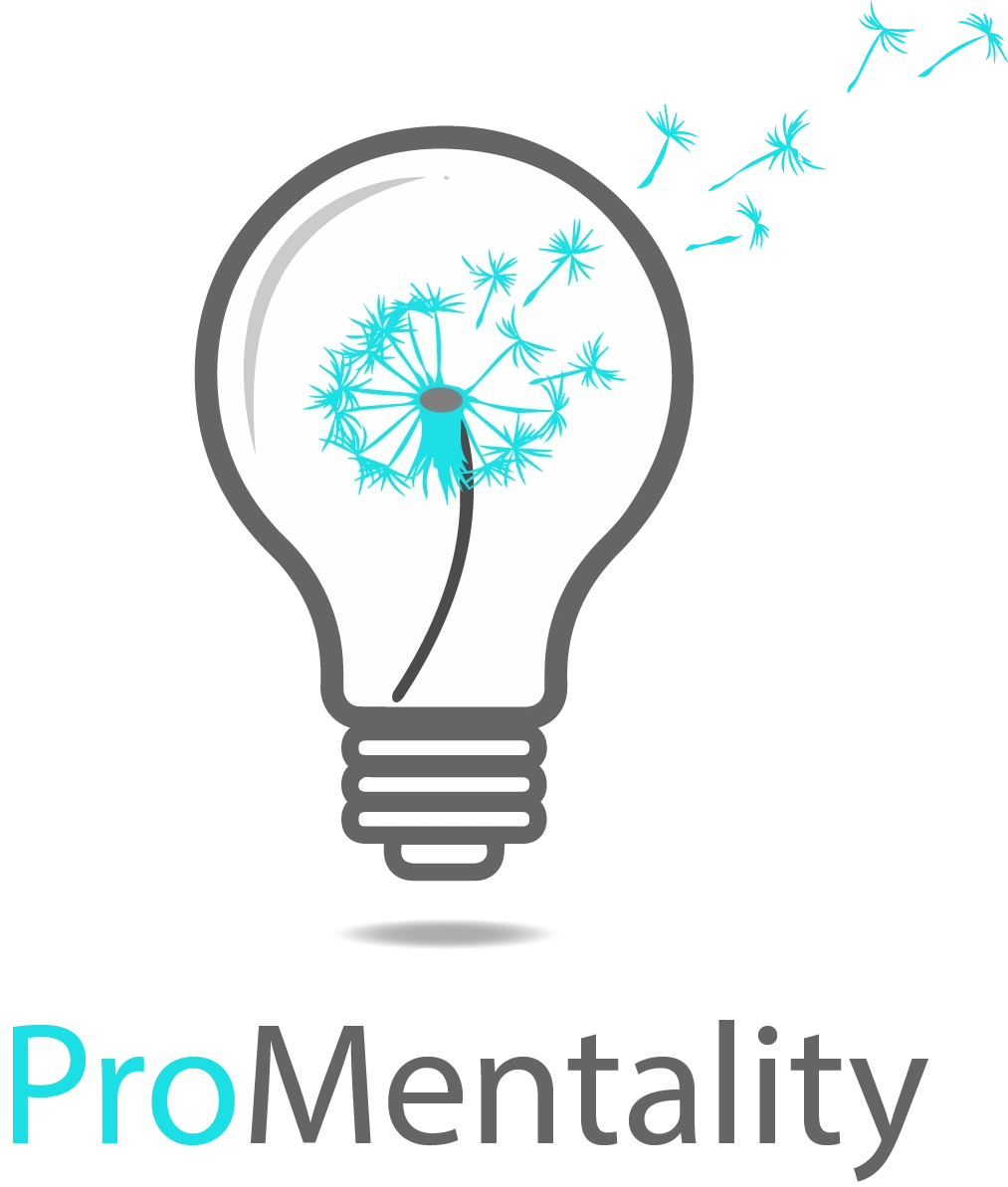 ProMentality logo featuring a light bulb with a dandelion inside releasing seeds, symbolizing the spread of mental health awareness and ideas in Abbotsford
