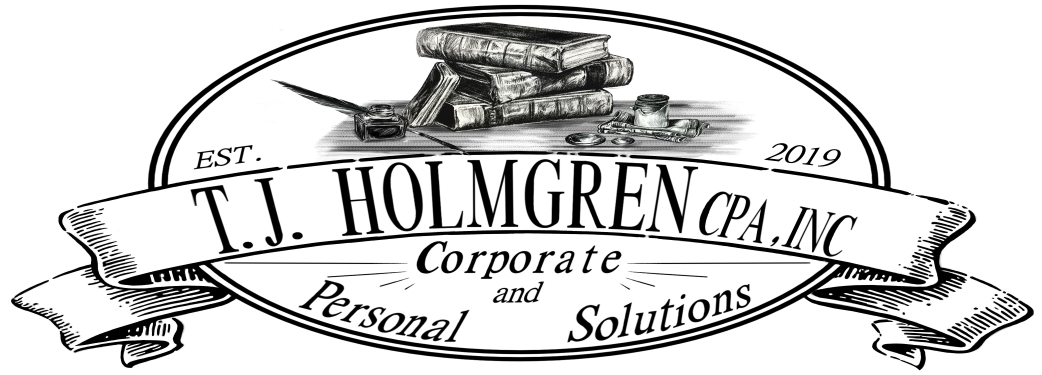 T.J. Holmgren CPA, Inc. logo featuring an oval badge with stacked books and writing instruments, established 2019, offering corporate and personal solutions in Abbotsford