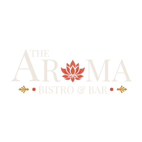 The Aroma Bistro and Bar logo featuring the restaurant name in elegant beige lettering with a red lotus flower design and decorative elements