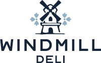 The Windmill Deli logo featuring a black windmill icon with decorative blue snowflake elements and text reading 'WINDMILL DELI'