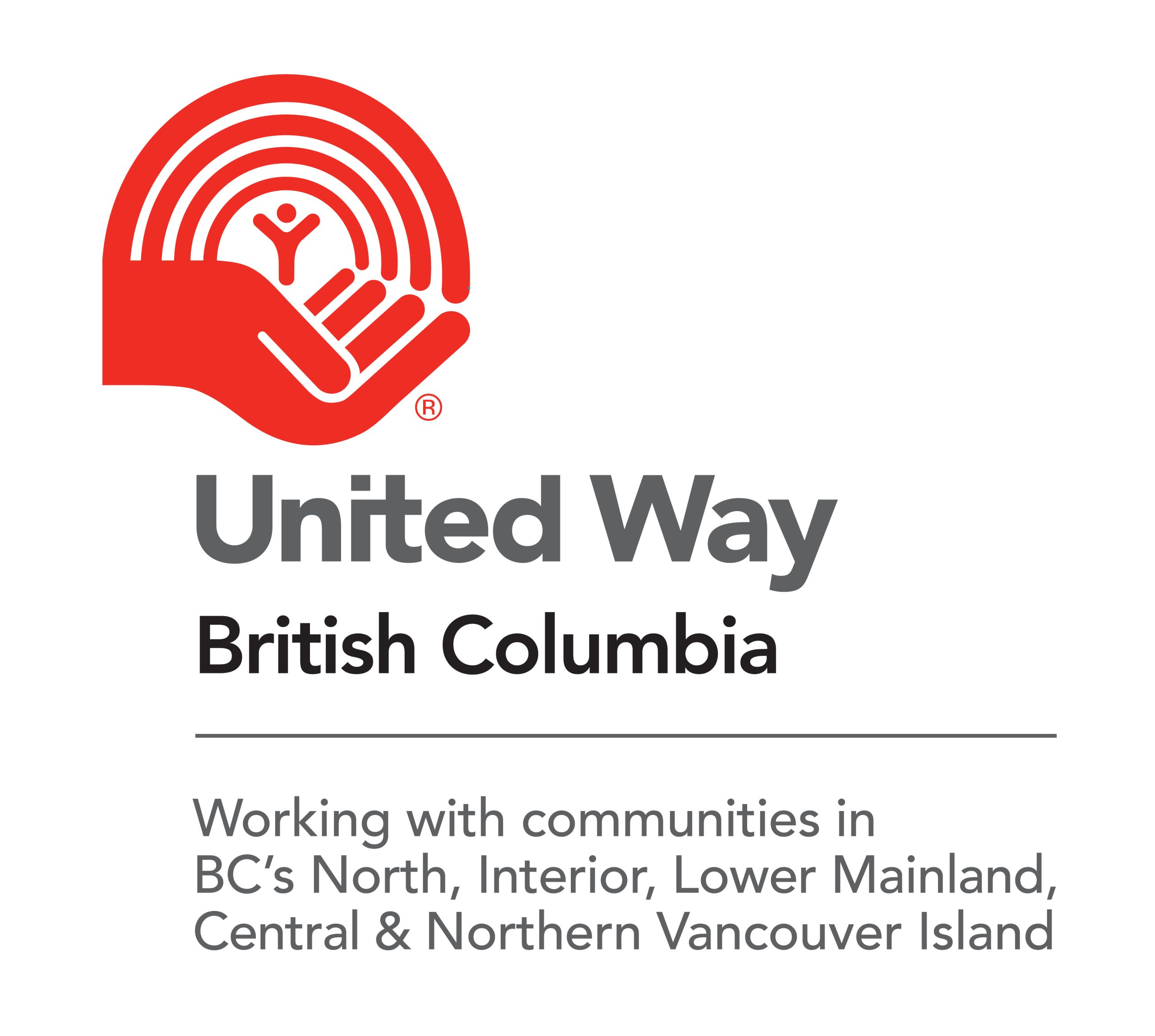 United Way British Columbia logo with a red hand holding a person symbol and concentric arcs