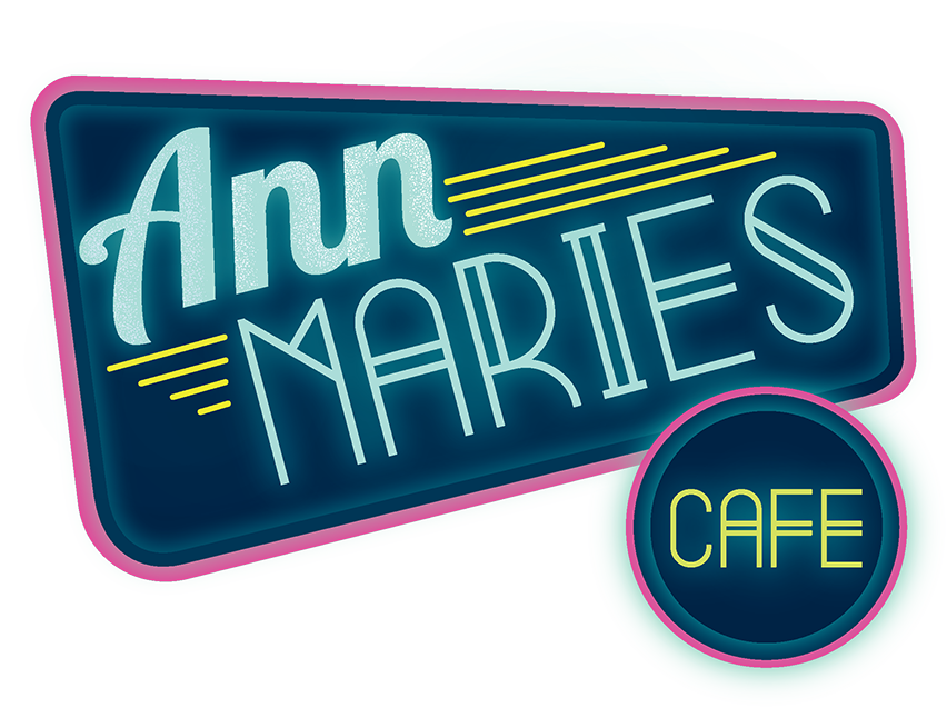 Ann Marie's Cafe neon sign logo with pink and teal colors