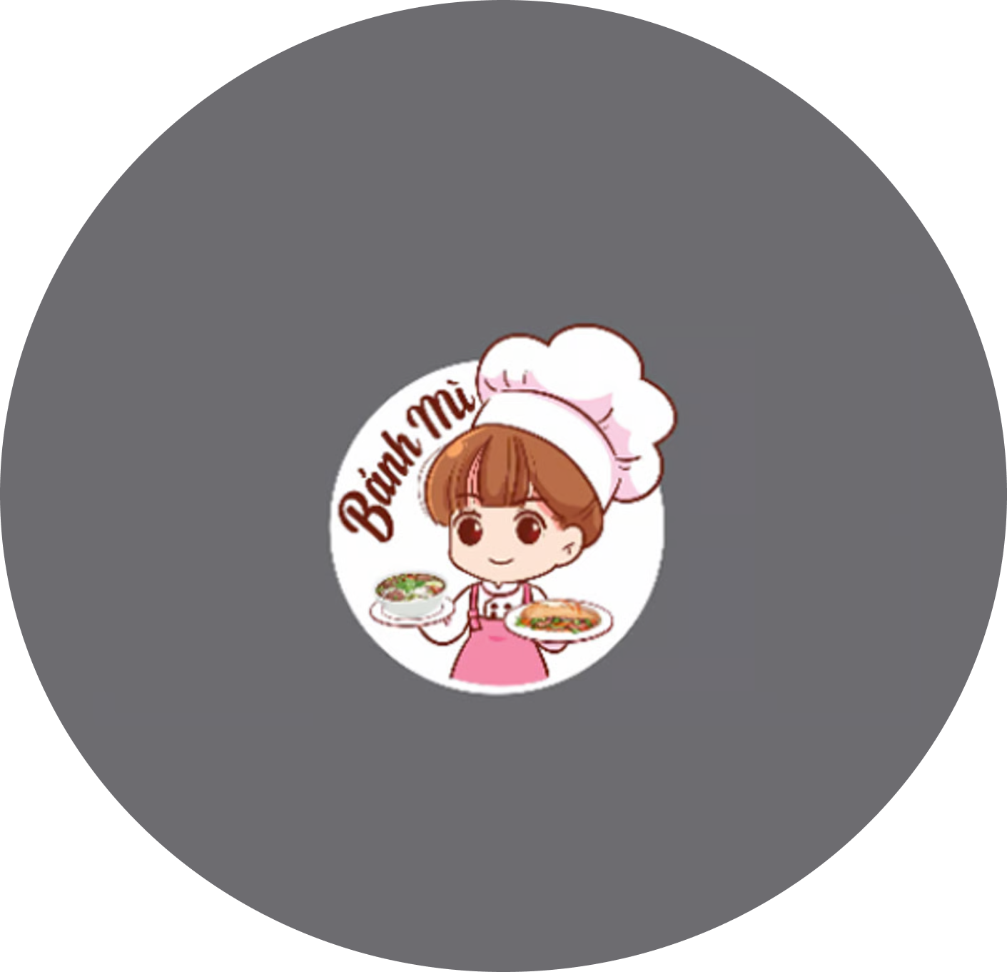 Bình Mi chibi character chef logo holding Vietnamese dishes with gray background