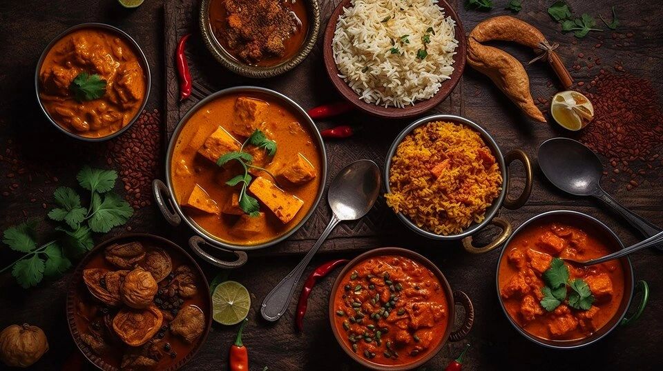 A colorful spread of traditional Indian curry dishes served in dark bowls, including paneer tikka masala, lentil curry, and rice, garnished with fresh cilantro and accompanied by lime, spices, and red chilies on a dark textured surface at Zaika Tastes of India in Abbotsford