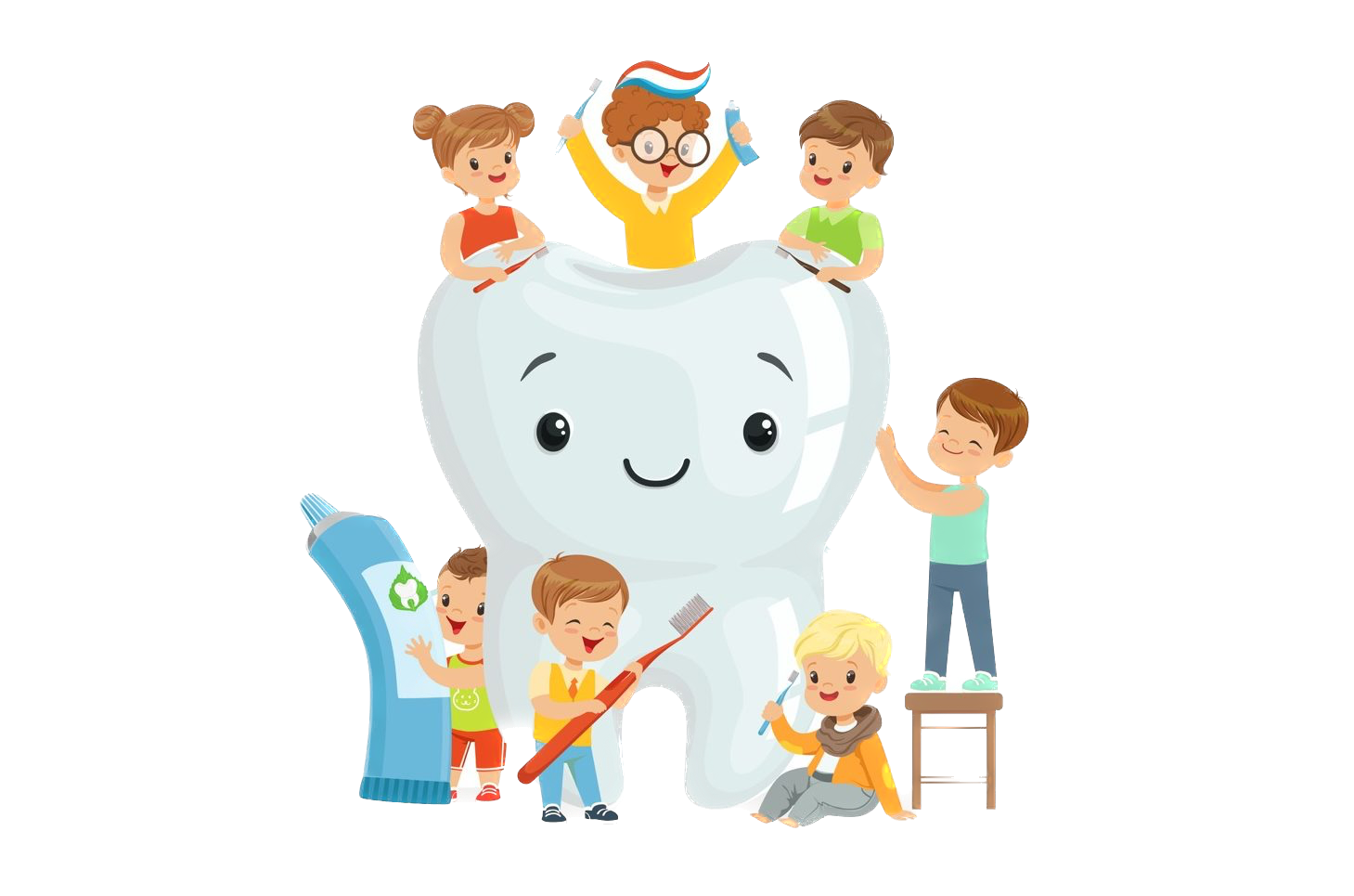 Group of happy children playing and posing around a large smiling tooth character, representing dental care and pediatric dentistry services in Abbotsford