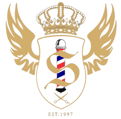 Sonu Haircut Abbotsford logo featuring barber pole with wings and crown emblem