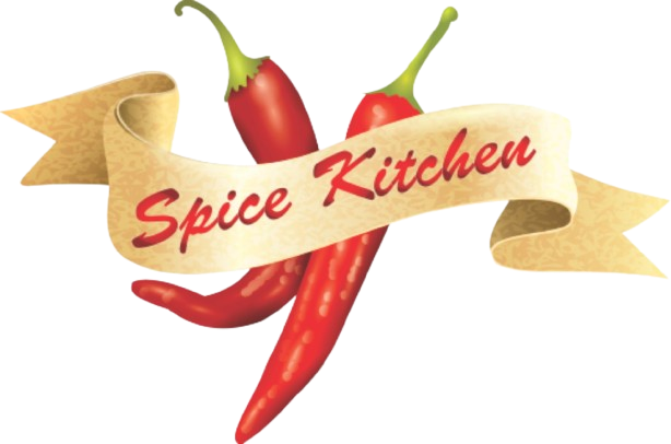 Spice Kitchen logo featuring red chili peppers with a golden banner ribbon