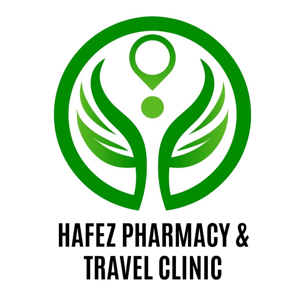 Hafez Pharmacy & Travel Clinic logo featuring a green circular design with a human figure and leaf wings symbol