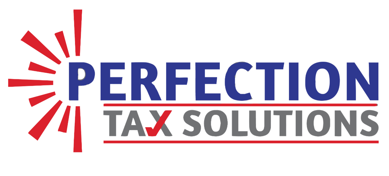 Perfection Tax Solutions logo featuring red starburst design with blue and gray text