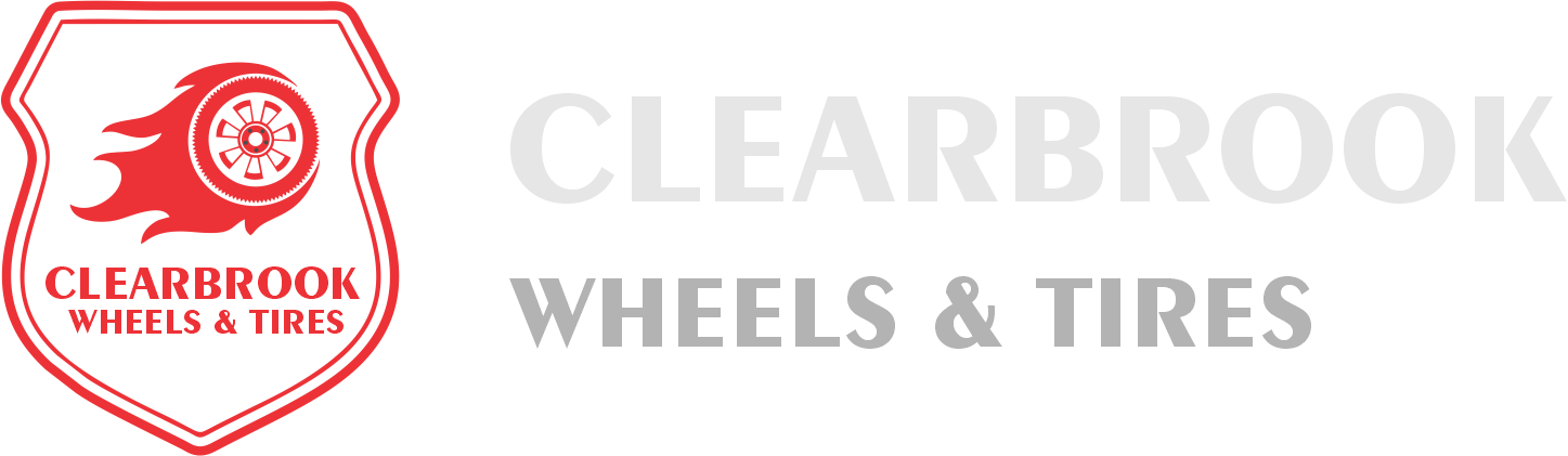 Clearbrook Wheels & Tires logo featuring a red shield with a flaming wheel icon and company name in Abbotsford