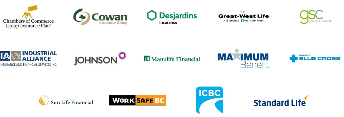 Insurance and financial services company logos including Chambers of Commerce Group Insurance Plan, Cowan Insurance Group, Desjardins Insurance, Great-West Life, GSC, Industrial Alliance, Johnson, Manulife Financial, Maximum Benefit, Pacific Blue Cross, Sun Life Financial, WorkSafeBC, ICBC, and Standard Life