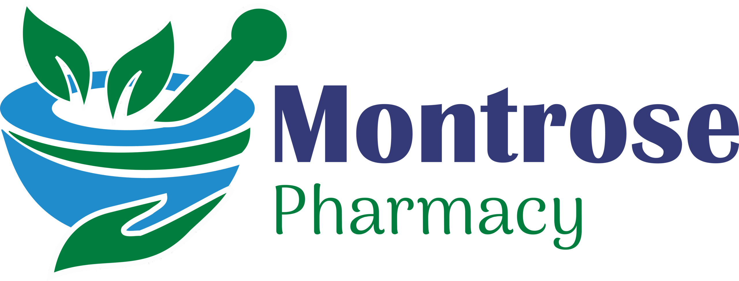 Montrose Pharmacy Abbotsford logo with mortar and pestle design featuring green leaves and blue bowl