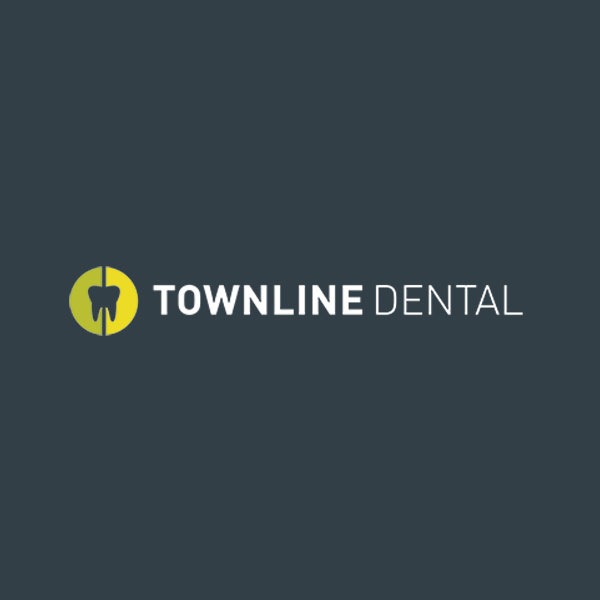 Townline Dental logo with yellow circular tooth icon and white text on dark background
