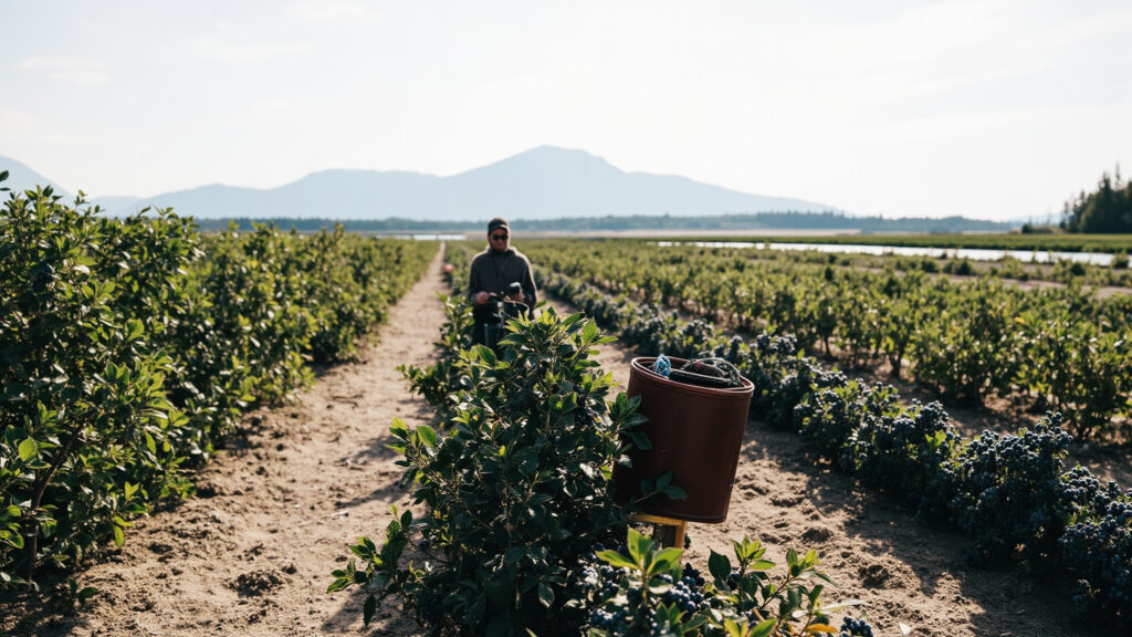Person from behind picking in an Abbotsford blueberry field