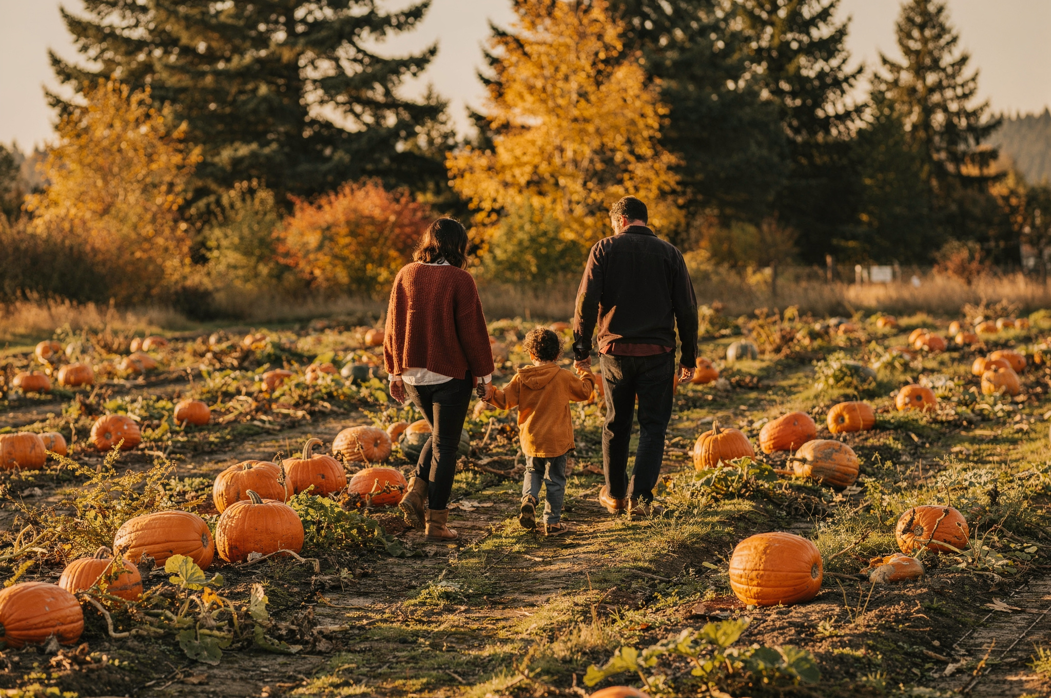 abbotsford bc family at pumpkin patch autumn scene v2 Abbotsford BC Fall Fun Family Activities family walking through a pumpkin patch in Abbotsford BC in autumn