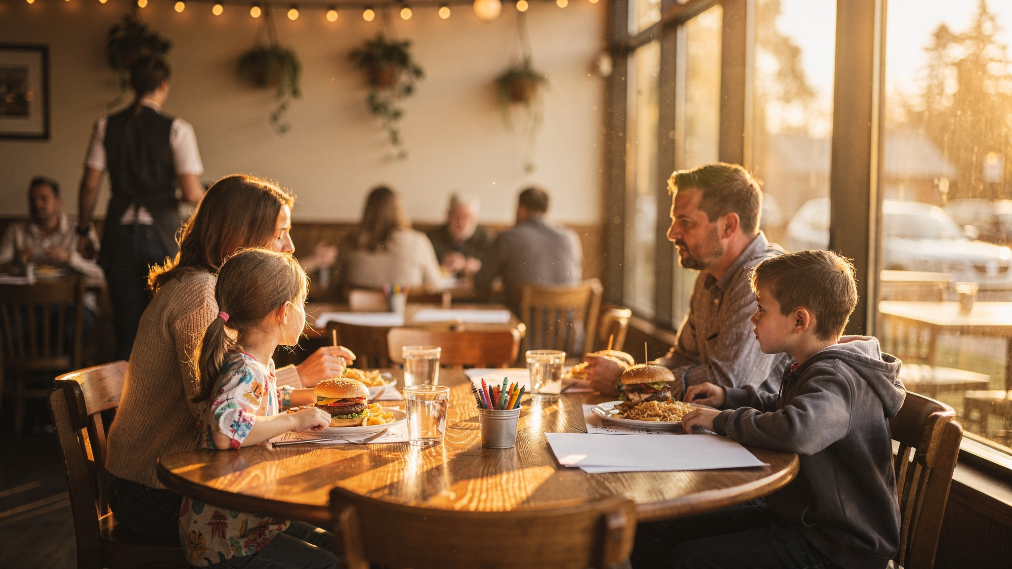 Abbotsford BC family enjoying a meal together at a family-friendly restaurant, seen from the side