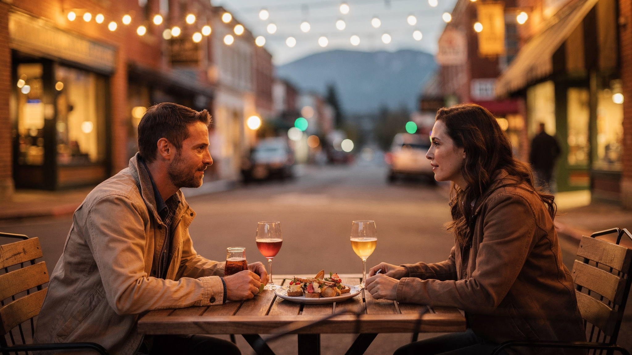 couple sharing dinner at an outdoor patio table in downtown Abbotsford at dusk