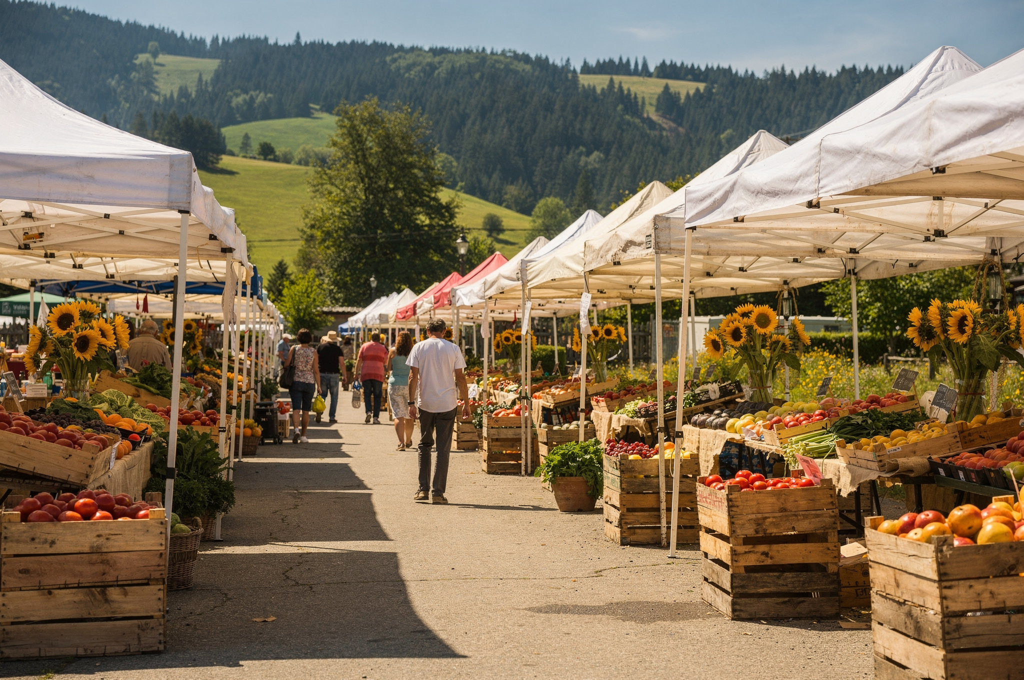 Farmers market stall aisle with sunflowers and fresh produce in the Fraser Valley