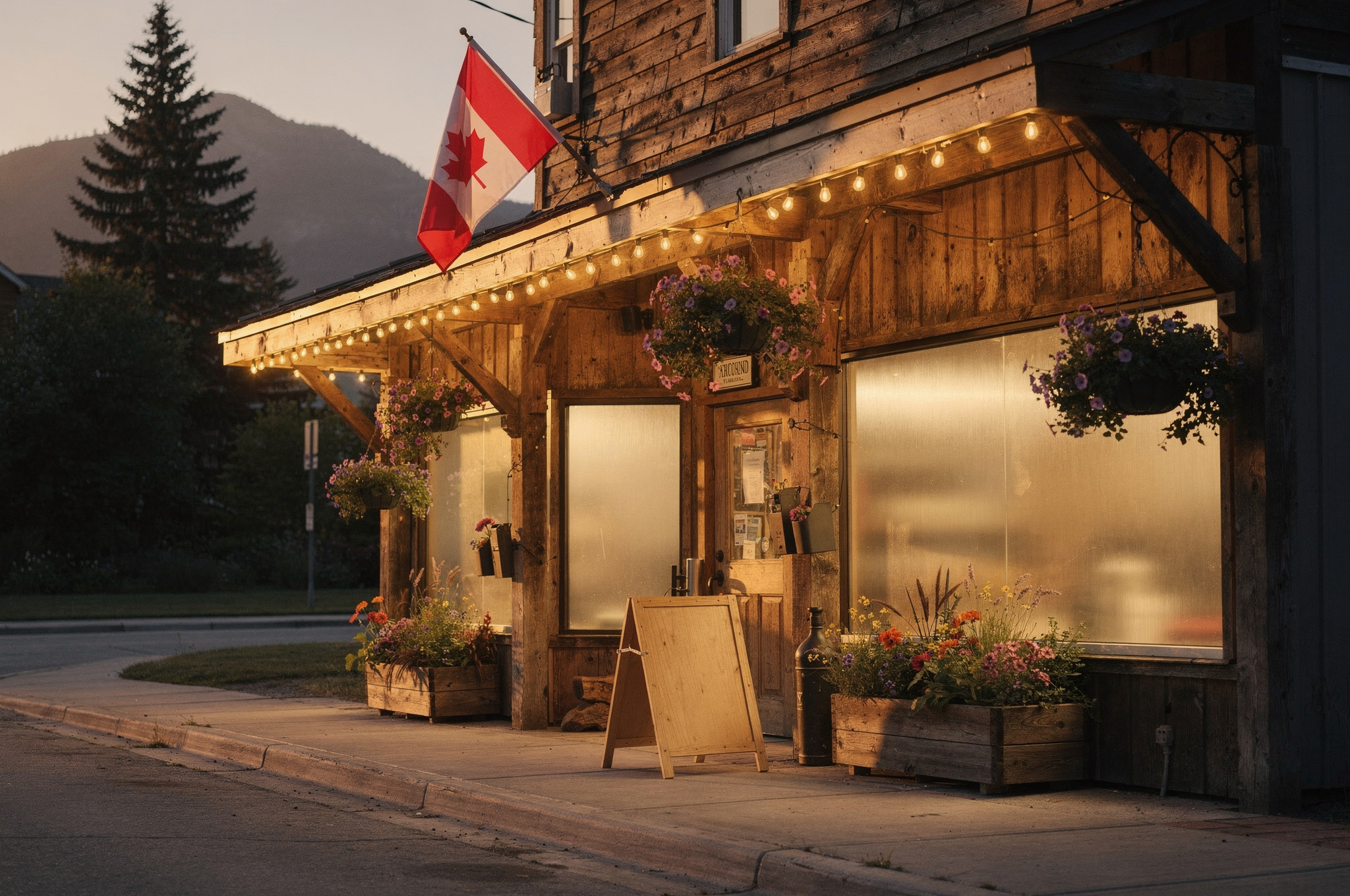charming gift shop storefront in Abbotsford at dusk with Canadian flag