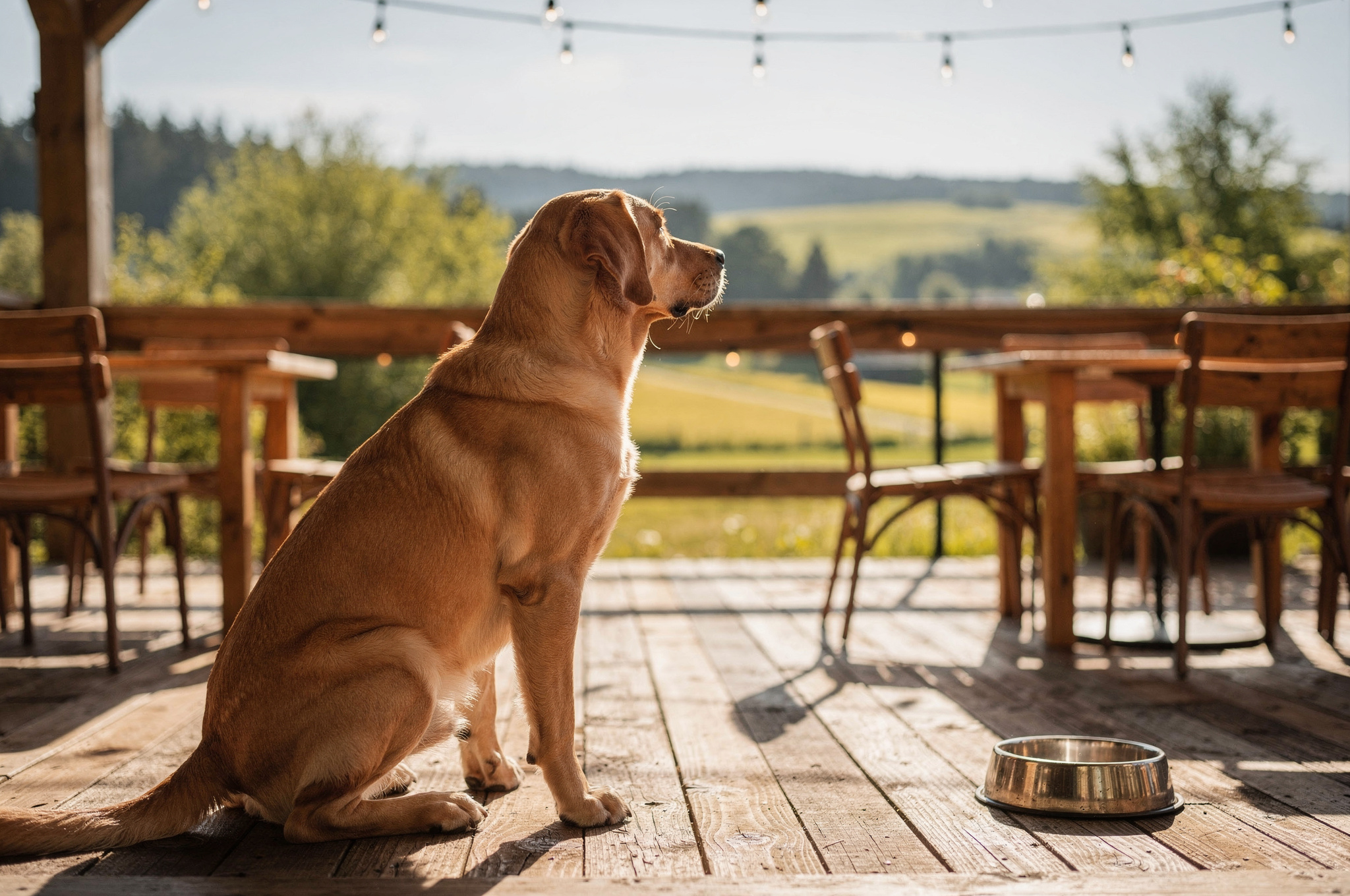 golden dog sitting on a dog friendly restaurant patio in the Fraser Valley