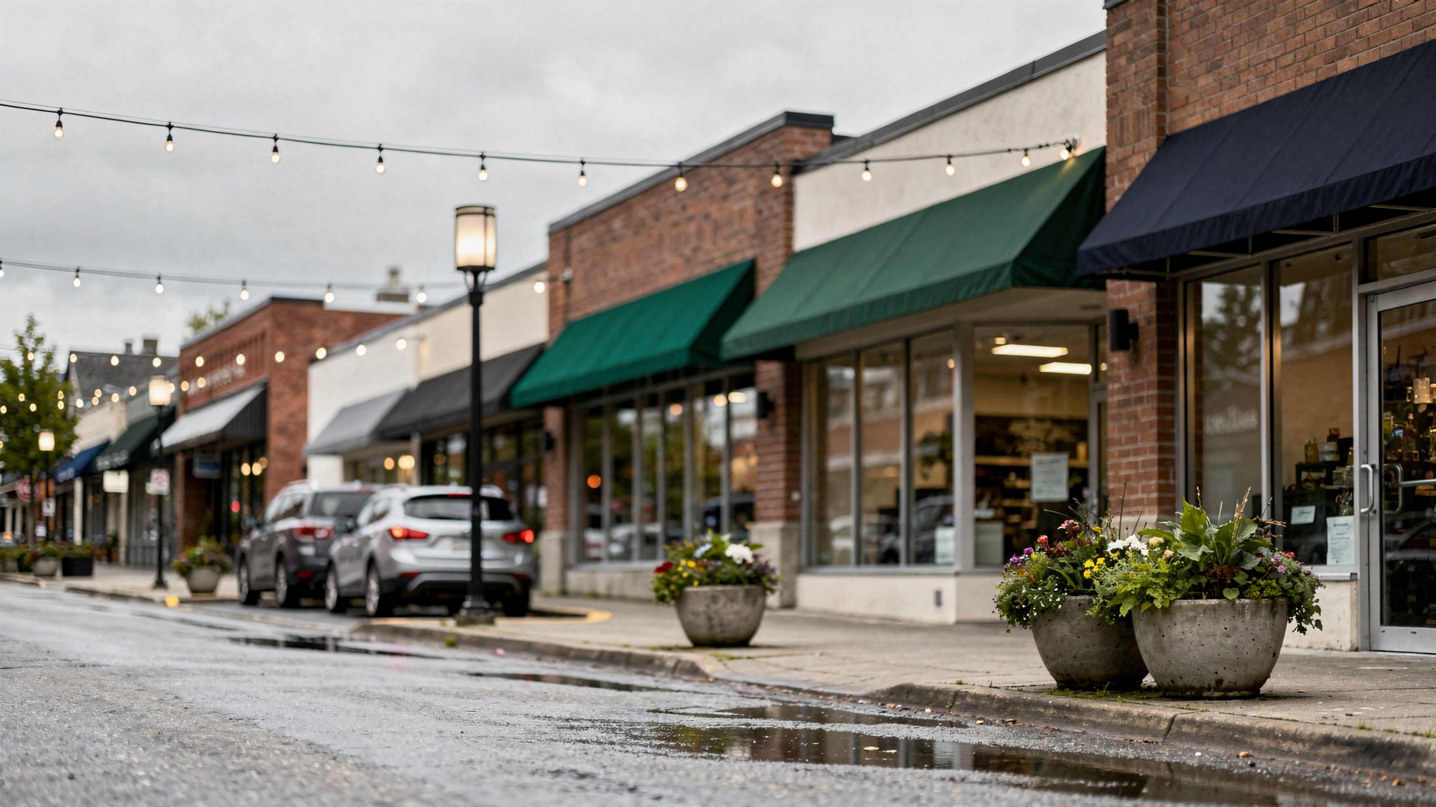 Downtown Abbotsford BC streetscape with shops and cafes