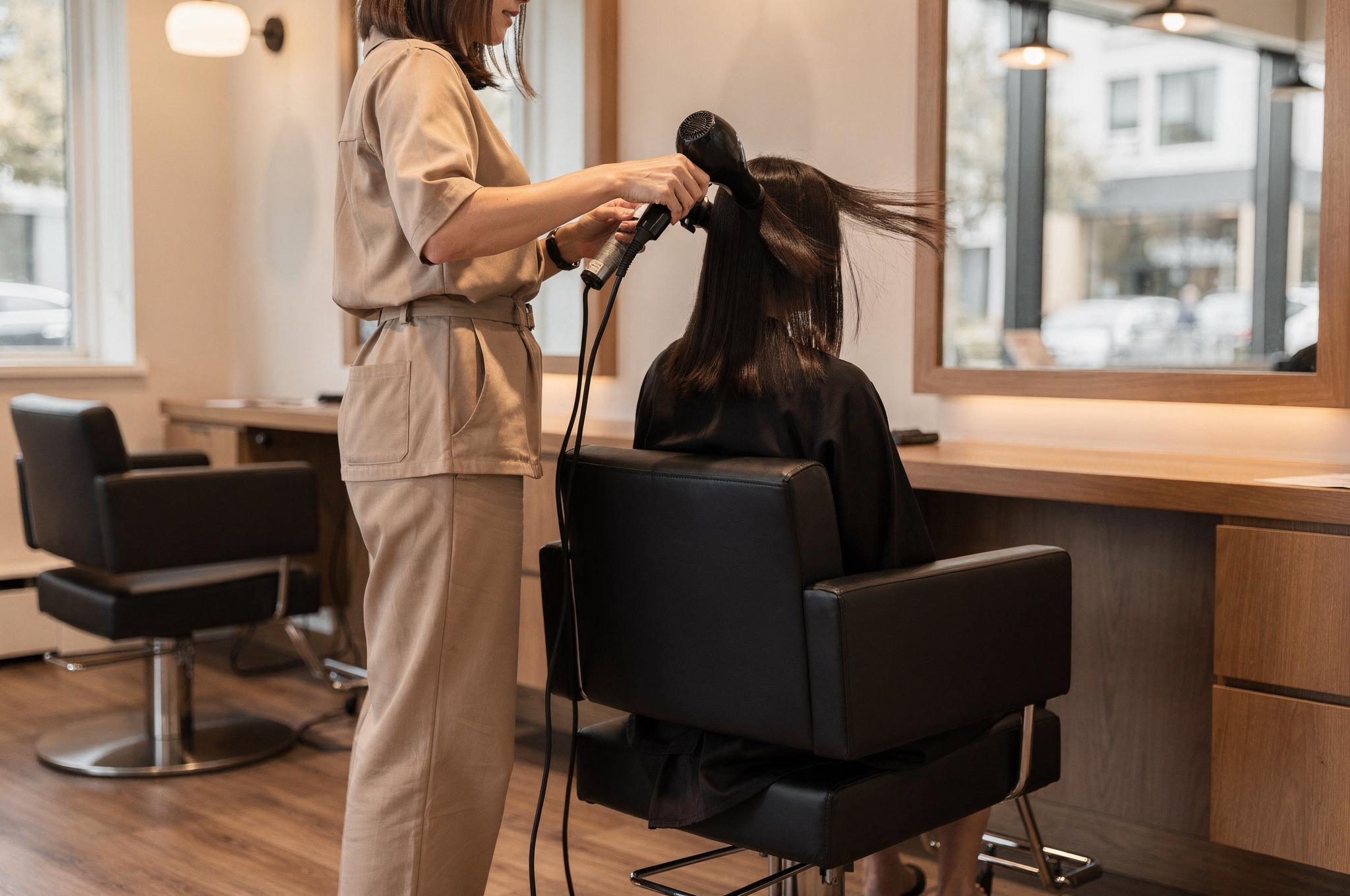 Hair stylist blow-drying a client's hair from behind in a modern Abbotsford salon