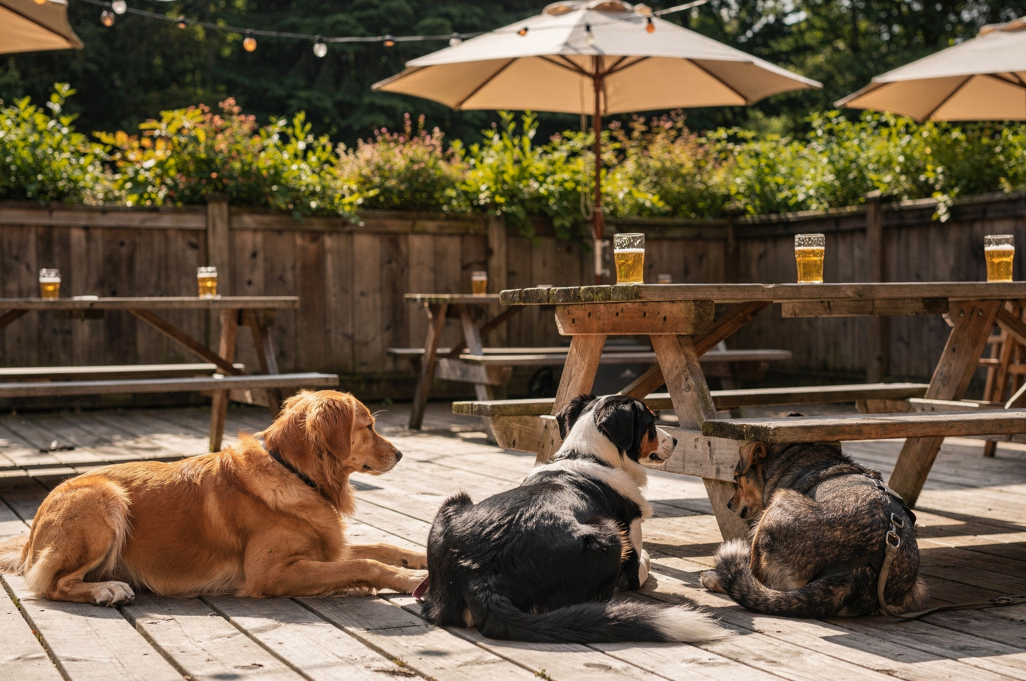 golden retriever border collie dog beer patio v2 Where to Eat With Your Dog in Abbotsford BC golden retriever border collie and mixed breed dog resting on a brewery patio